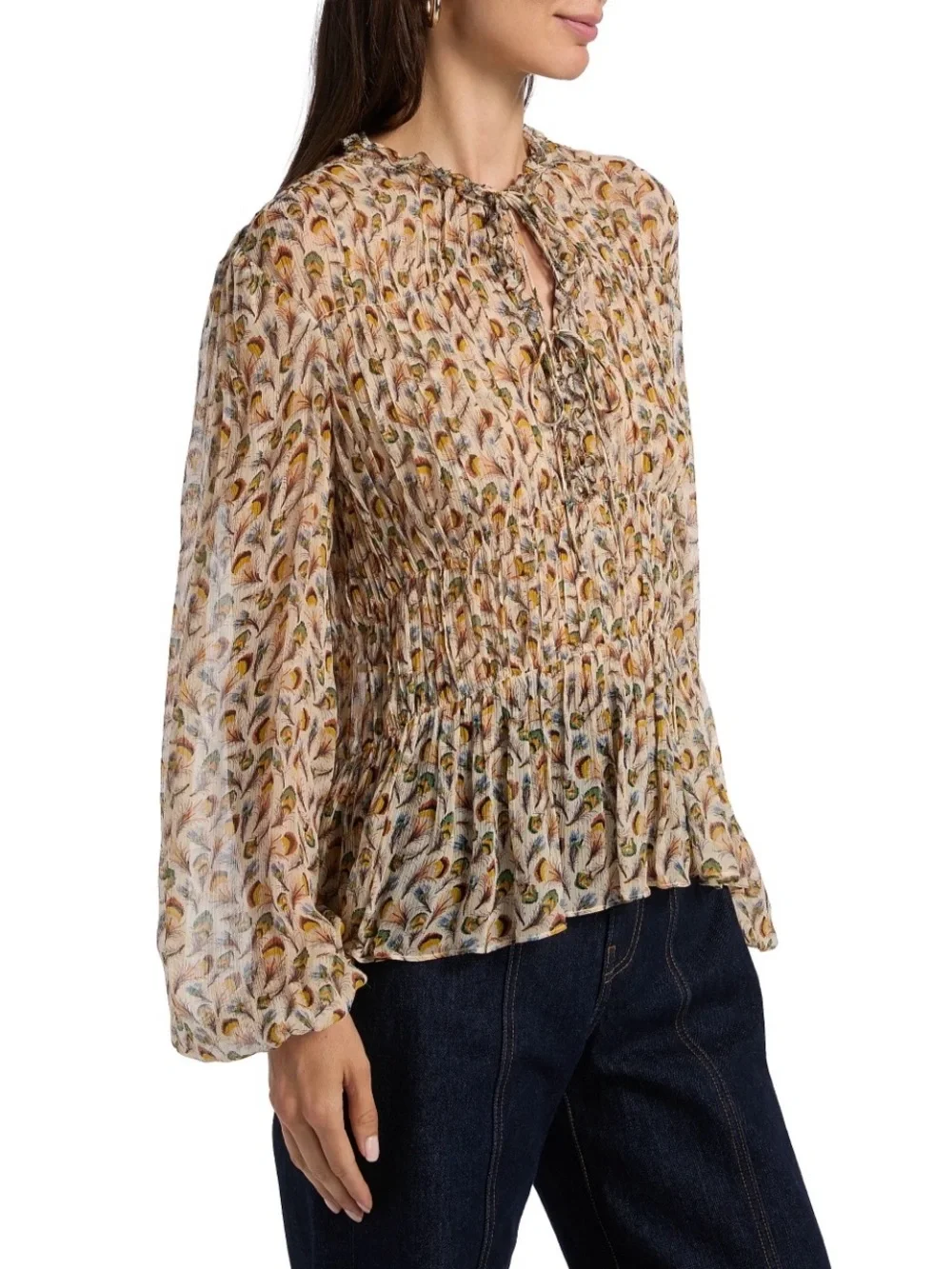 NWT $520 Ulla Johnson Robbie Feather-Print Silk Tie-Front Blouse